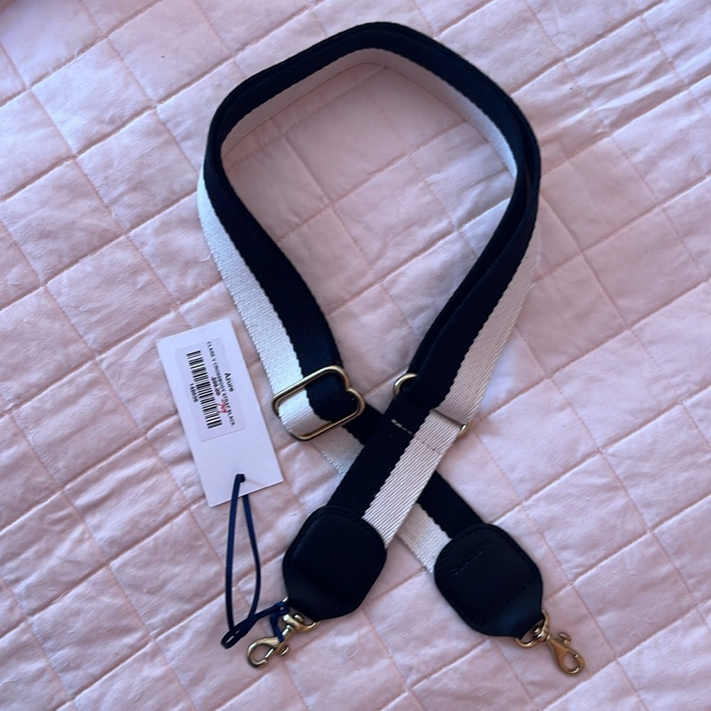 Clare V crossbody strap black cream white fabric strap adjustable